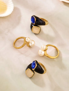 316L Stainless Steel Hypoallergenic Rings Modern Enamel Pearl & Blue Cat Eye Stone - Modern Enamel Pearl Blue Cat Eye Stone 18K Gold Plated Sensitive Skin Friendly - Detail 7