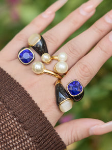 316L Stainless Steel Hypoallergenic Rings Modern Enamel Pearl & Blue Cat Eye Stone - Modern Enamel Pearl Blue Cat Eye Stone 18K Gold Plated Sensitive Skin Friendly - Detail 8