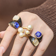 316L Stainless Steel Hypoallergenic Rings Modern Enamel Pearl & Blue Cat Eye Stone - Modern Enamel Pearl Blue Cat Eye Stone 18K Gold Plated Sensitive Skin Friendly - Detail 9