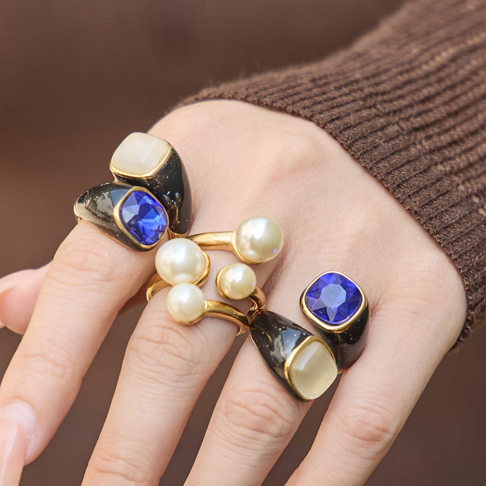316L Stainless Steel Hypoallergenic Rings Modern Enamel Pearl & Blue Cat Eye Stone - Modern Enamel Pearl Blue Cat Eye Stone 18K Gold Plated Sensitive Skin Friendly - Detail 9