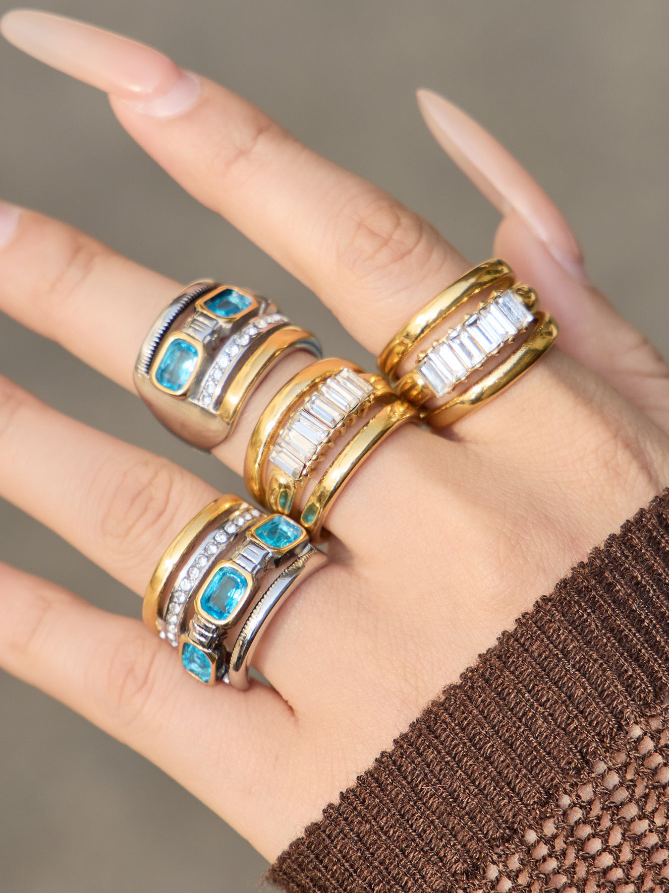 316L Stainless Steel Hypoallergenic Rings Multilayer Two-Tone Square Zircon 18K Gold Plated - Multilayer Two-Tone Square Zircon Gold Plated Elegant Modern Ring Sensitive Skin Friendly - Detail 10