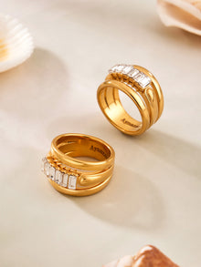 316L Stainless Steel Hypoallergenic Rings Multilayer Two-Tone Square Zircon 18K Gold Plated - Multilayer Two-Tone Square Zircon Gold Plated Elegant Modern Ring Sensitive Skin Friendly - Detail 12