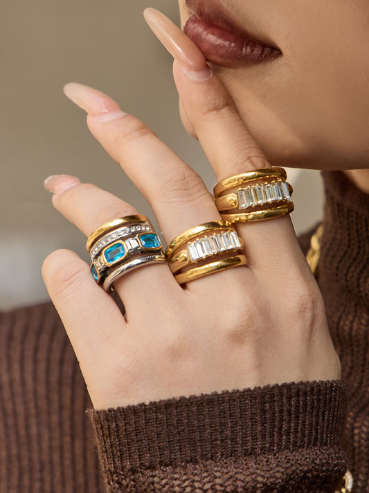 316L Stainless Steel Hypoallergenic Rings Multilayer Two-Tone Square Zircon 18K Gold Plated - Multilayer Two-Tone Square Zircon Gold Plated Elegant Modern Ring Sensitive Skin Friendly - Detail 13