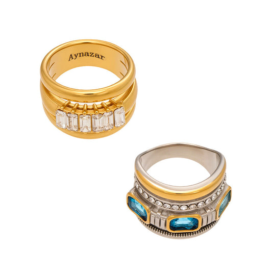 316L Stainless Steel Hypoallergenic Rings Multilayer Two-Tone Square Zircon 18K Gold Plated - Multilayer Two-Tone Square Zircon Gold Plated Elegant Modern Ring Sensitive Skin Friendly - Detail 14