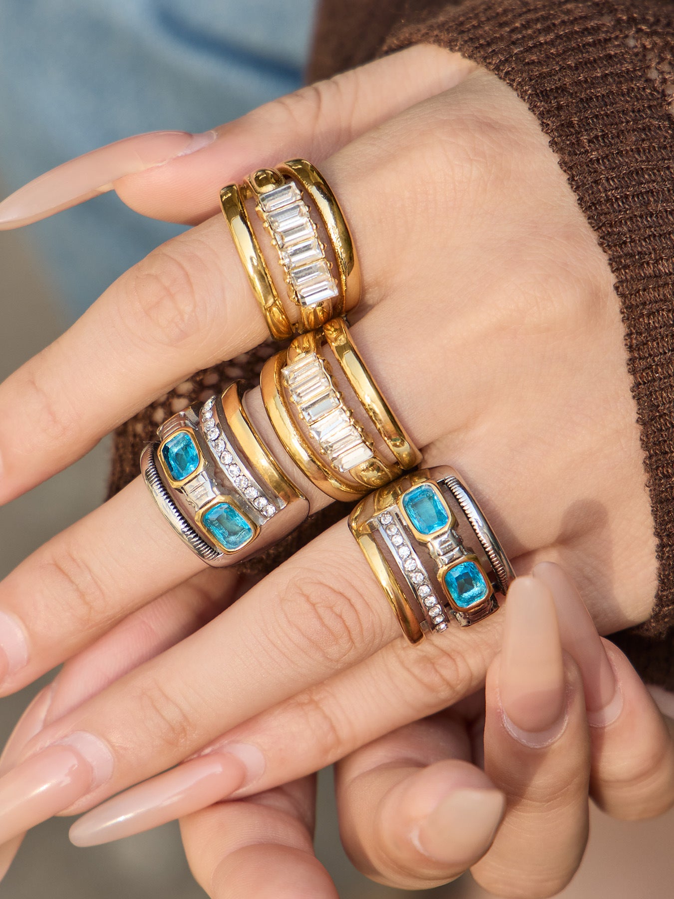 316L Stainless Steel Hypoallergenic Rings Multilayer Two-Tone Square Zircon 18K Gold Plated - Multilayer Two-Tone Square Zircon Gold Plated Elegant Modern Ring Sensitive Skin Friendly - Detail 16