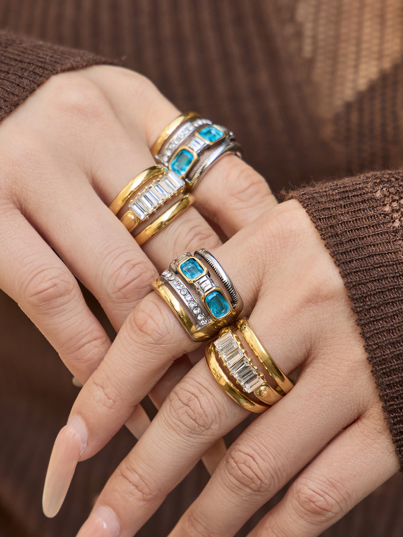 316L Stainless Steel Hypoallergenic Rings Multilayer Two-Tone Square Zircon 18K Gold Plated - Multilayer Two-Tone Square Zircon Gold Plated Elegant Modern Ring Sensitive Skin Friendly - Detail 2