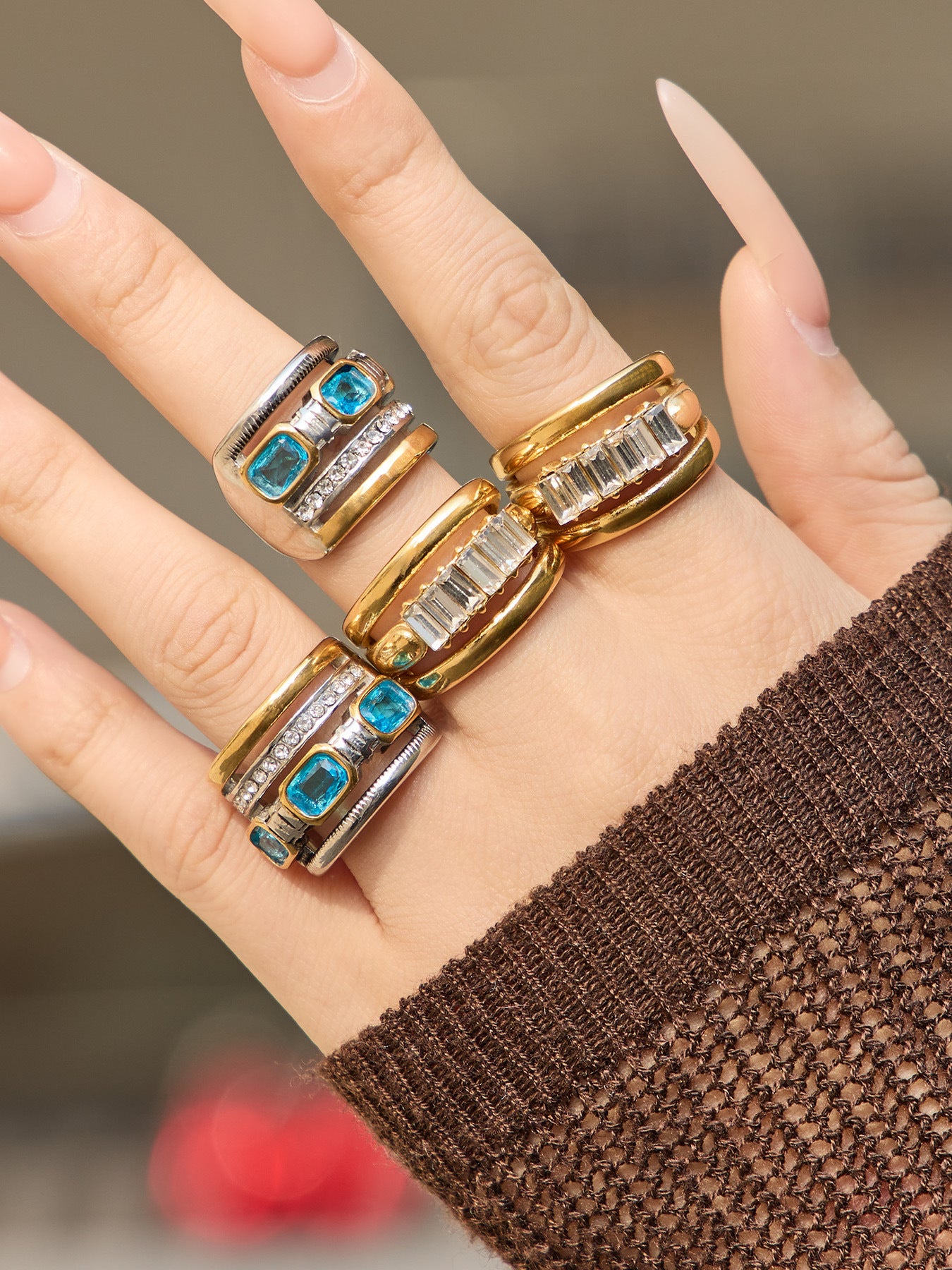 316L Stainless Steel Hypoallergenic Rings Multilayer Two-Tone Square Zircon 18K Gold Plated - Multilayer Two-Tone Square Zircon Gold Plated Elegant Modern Ring Sensitive Skin Friendly - Detail 4