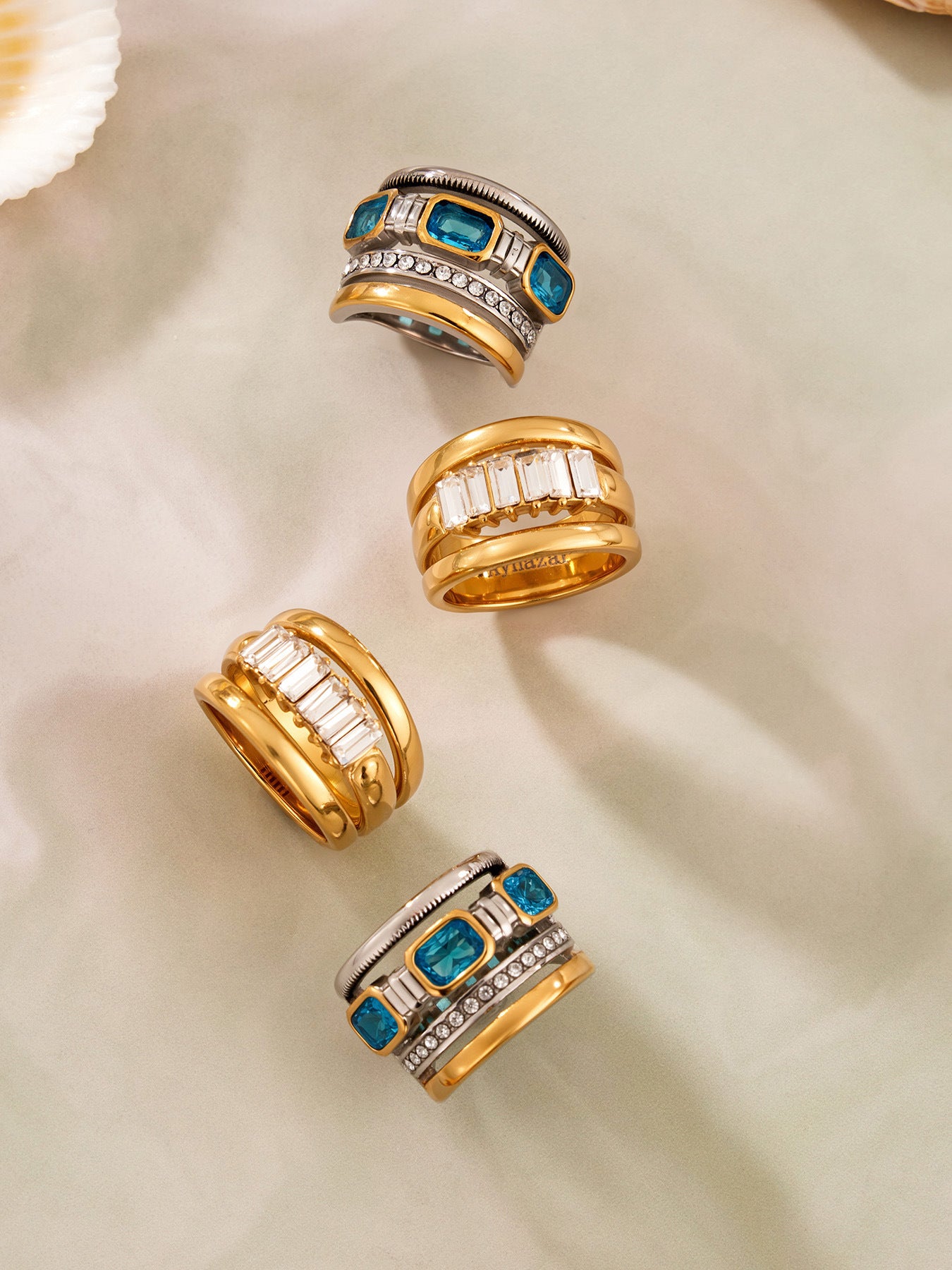 316L Stainless Steel Hypoallergenic Rings Multilayer Two-Tone Square Zircon 18K Gold Plated - Multilayer Two-Tone Square Zircon Gold Plated Elegant Modern Ring Sensitive Skin Friendly - Detail 6