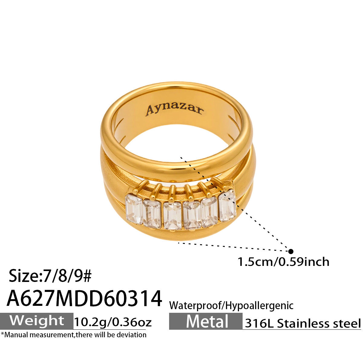 316L Stainless Steel Hypoallergenic Rings Multilayer Two-Tone Square Zircon 18K Gold Plated - Multilayer Two-Tone Square Zircon Gold Plated Elegant Modern Ring Sensitive Skin Friendly - Detail 7