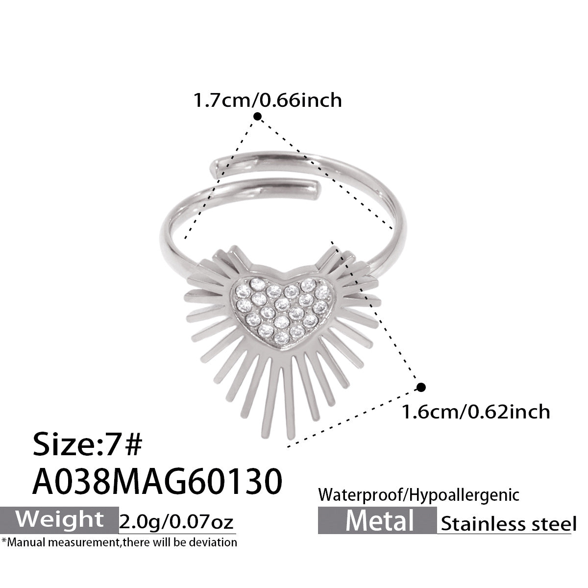 316L Stainless Steel Hypoallergenic Rings with 5A Zircon Heart Wing Open Design - Heart Wing Open Ring Zircon Gold Plated Slim Band Dainty Sensitive Skin Friendly - Detail 1