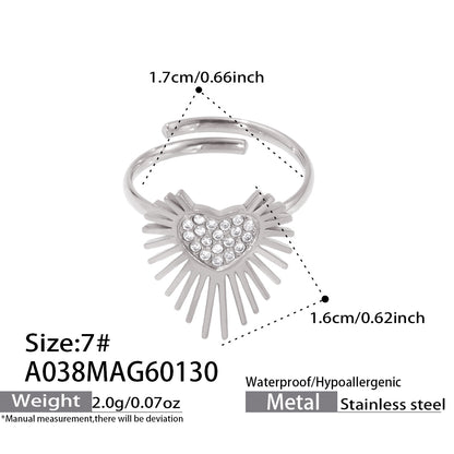 316L Stainless Steel Hypoallergenic Rings with 5A Zircon Heart Wing Open Design - Heart Wing Open Ring Zircon Gold Plated Slim Band Dainty Sensitive Skin Friendly - Detail 1