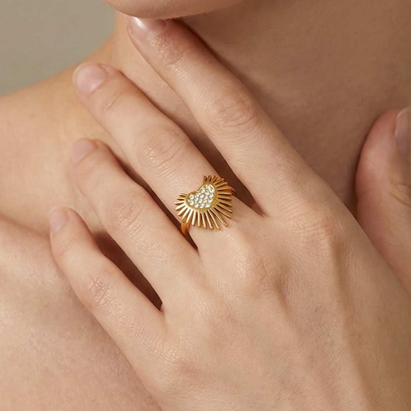 316L Stainless Steel Hypoallergenic Rings with 5A Zircon Heart Wing Open Design - Heart Wing Open Ring Zircon Gold Plated Slim Band Dainty Sensitive Skin Friendly - Detail 10