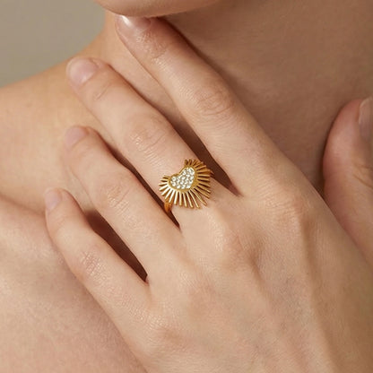316L Stainless Steel Hypoallergenic Rings with 5A Zircon Heart Wing Open Design - Heart Wing Open Ring Zircon Gold Plated Slim Band Dainty Sensitive Skin Friendly - Detail 10