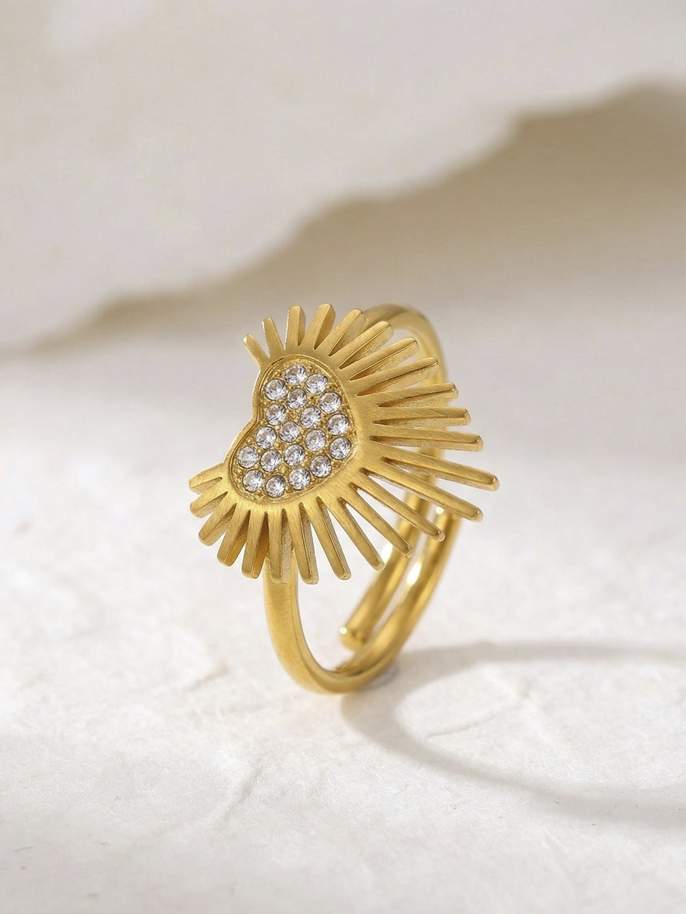 316L Stainless Steel Hypoallergenic Rings with 5A Zircon Heart Wing Open Design - Heart Wing Open Ring Zircon Gold Plated Slim Band Dainty Sensitive Skin Friendly - Detail 11