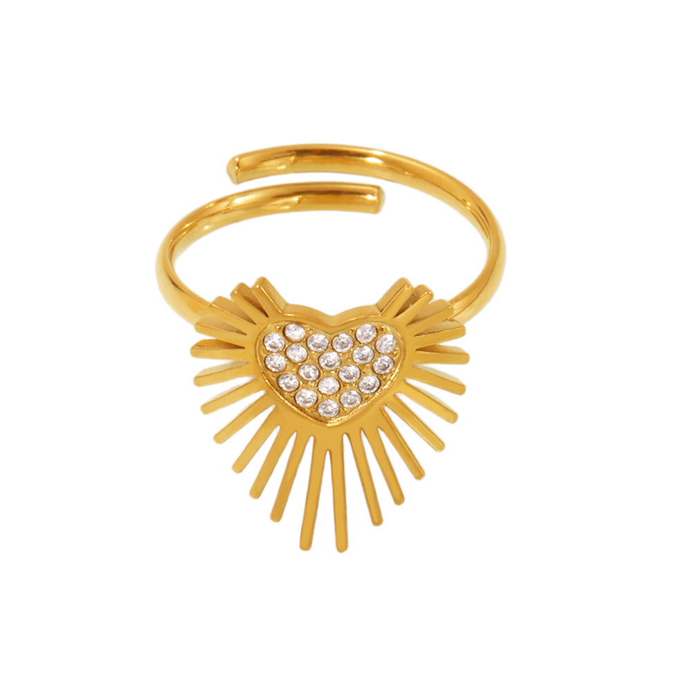 316L Stainless Steel Hypoallergenic Rings with 5A Zircon Heart Wing Open Design - Heart Wing Open Ring Zircon Gold Plated Slim Band Dainty Sensitive Skin Friendly - Detail 14