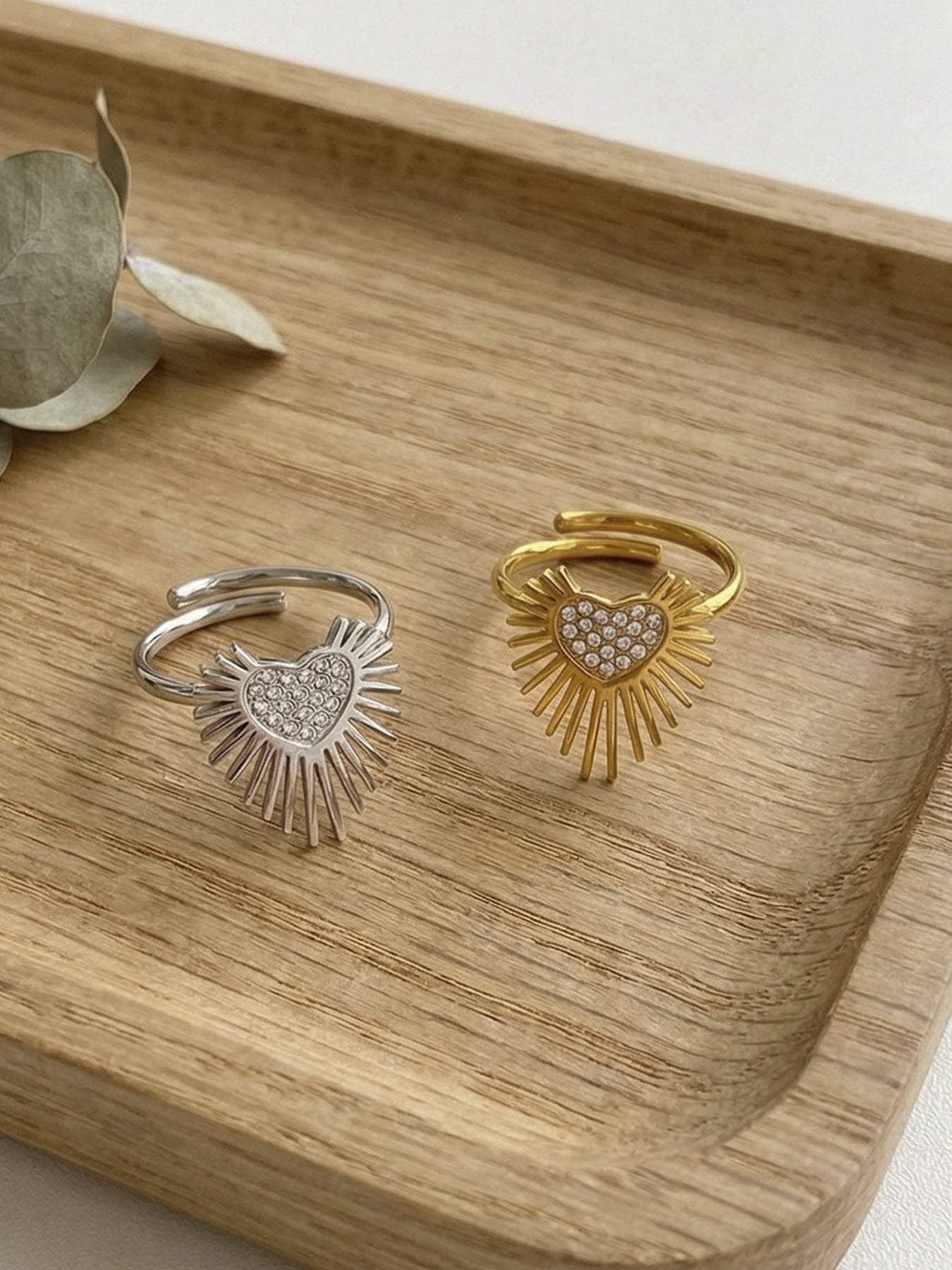 316L Stainless Steel Hypoallergenic Rings with 5A Zircon Heart Wing Open Design - Heart Wing Open Ring Zircon Gold Plated Slim Band Dainty Sensitive Skin Friendly - Detail 2