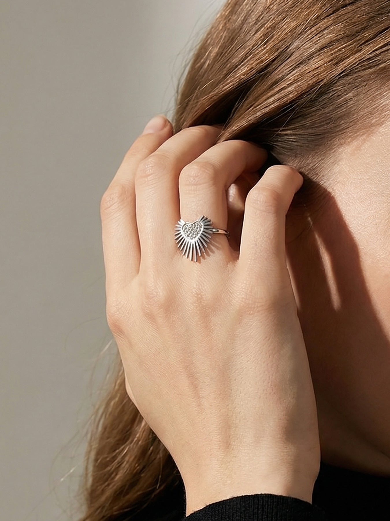 316L Stainless Steel Hypoallergenic Rings with 5A Zircon Heart Wing Open Design - Heart Wing Open Ring Zircon Gold Plated Slim Band Dainty Sensitive Skin Friendly - Detail 3