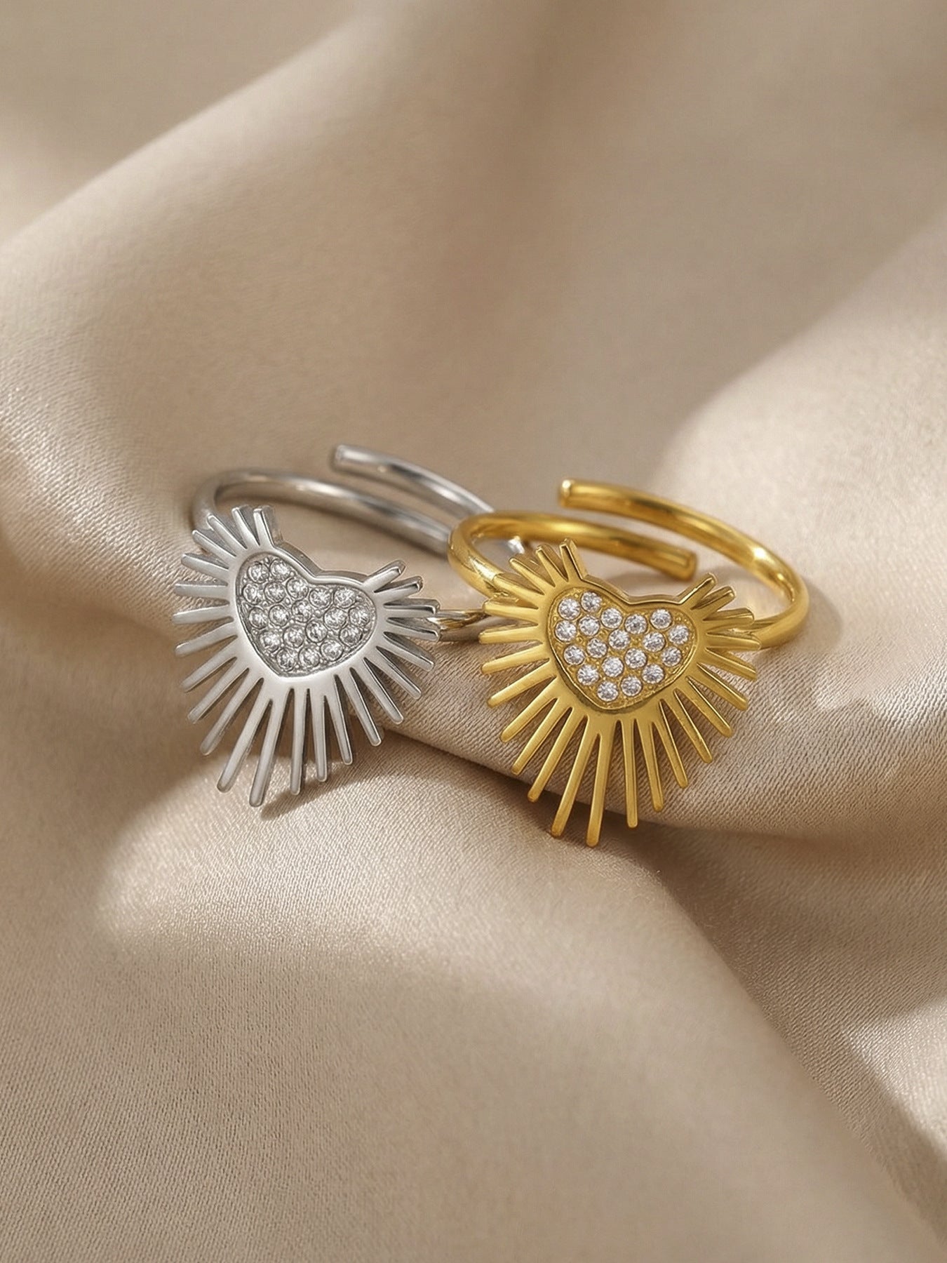 316L Stainless Steel Hypoallergenic Rings with 5A Zircon Heart Wing Open Design - Heart Wing Open Ring Zircon Gold Plated Slim Band Dainty Sensitive Skin Friendly - Detail 4