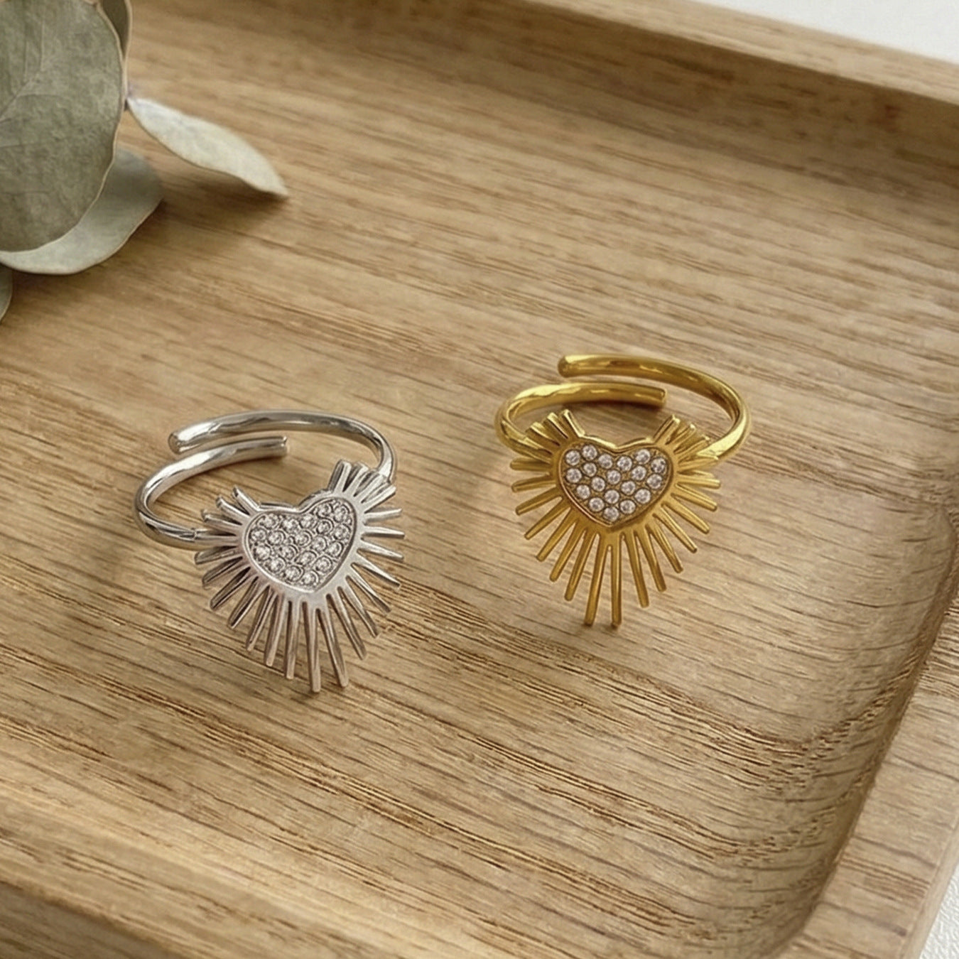 316L Stainless Steel Hypoallergenic Rings with 5A Zircon Heart Wing Open Design - Heart Wing Open Ring Zircon Gold Plated Slim Band Dainty Sensitive Skin Friendly - Detail 5