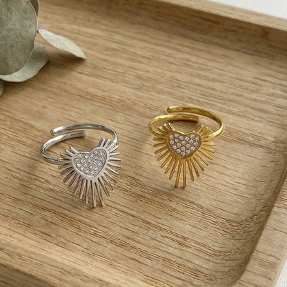 316L Stainless Steel Hypoallergenic Rings with 5A Zircon Heart Wing Open Design - Heart Wing Open Ring Zircon Gold Plated Slim Band Dainty Sensitive Skin Friendly - Detail 5