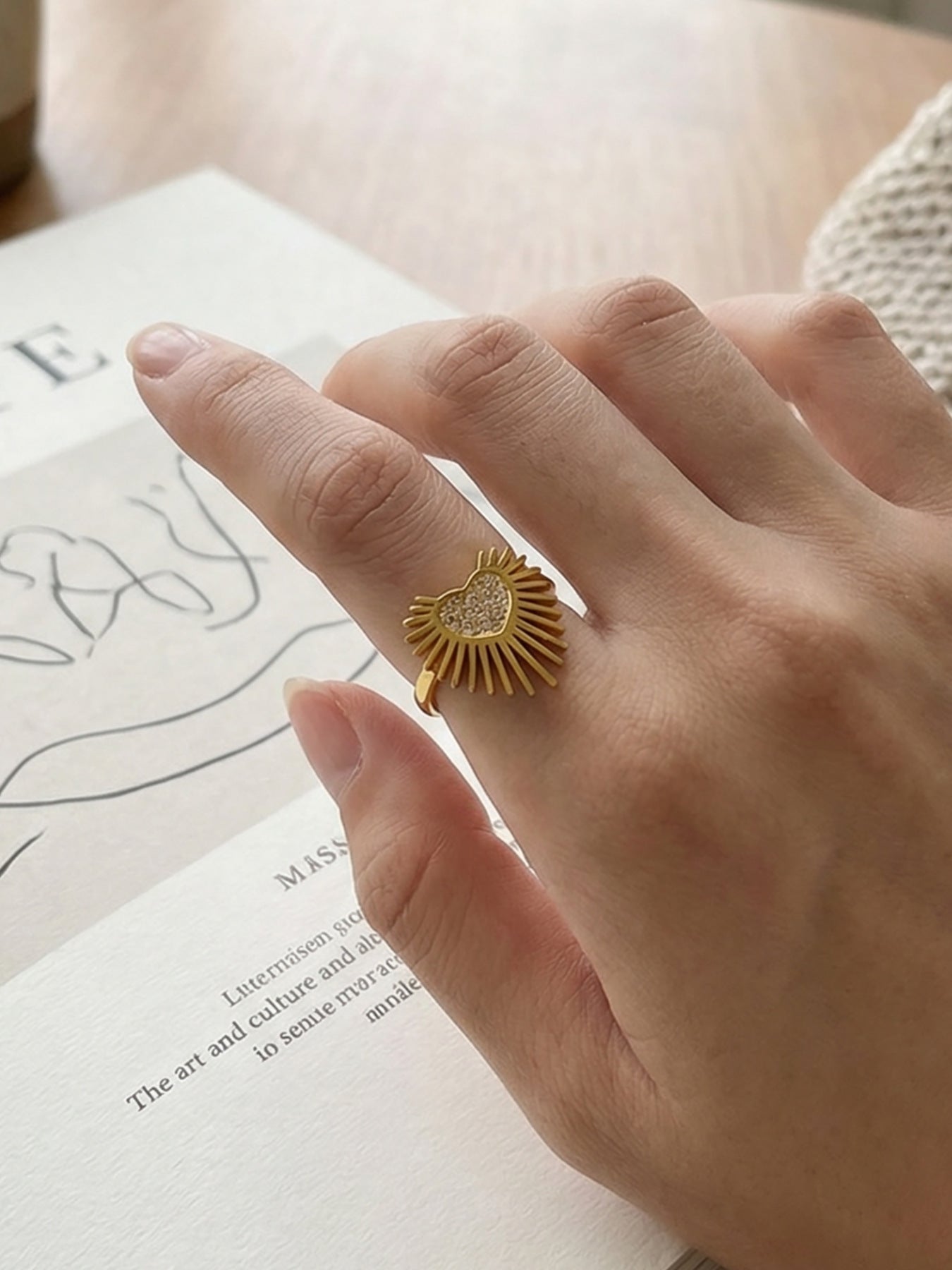 316L Stainless Steel Hypoallergenic Rings with 5A Zircon Heart Wing Open Design - Heart Wing Open Ring Zircon Gold Plated Slim Band Dainty Sensitive Skin Friendly - Detail 7