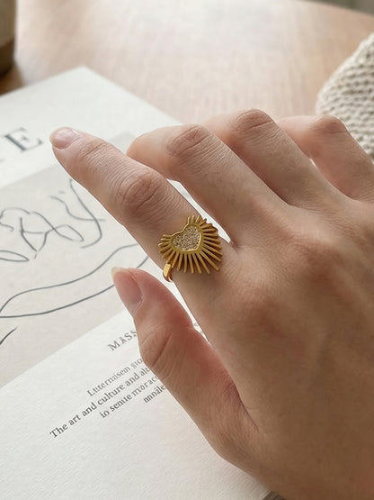 316L Stainless Steel Hypoallergenic Rings with 5A Zircon Heart Wing Open Design - Heart Wing Open Ring Zircon Gold Plated Slim Band Dainty Sensitive Skin Friendly - Detail 7