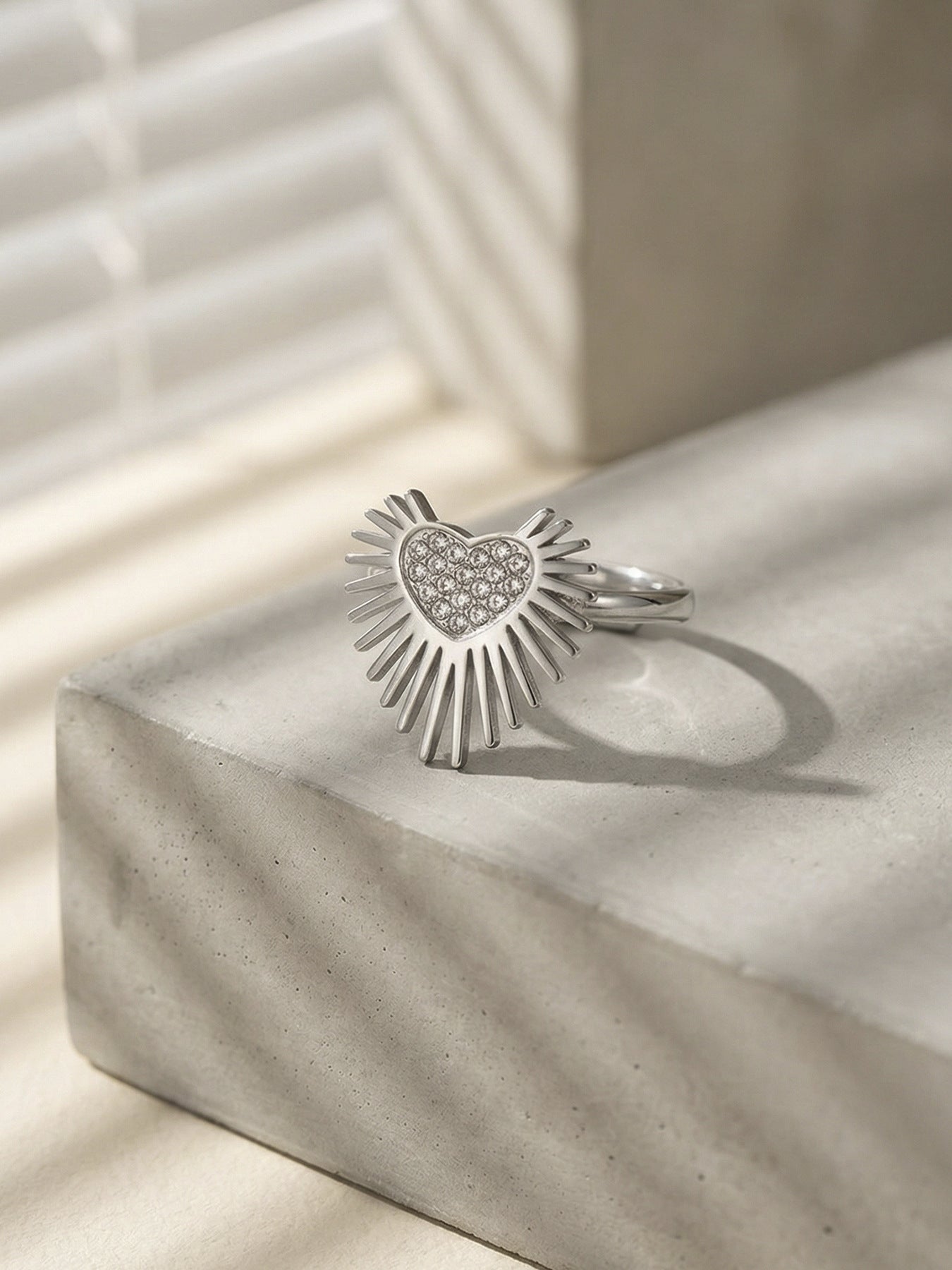 316L Stainless Steel Hypoallergenic Rings with 5A Zircon Heart Wing Open Design - Heart Wing Open Ring Zircon Gold Plated Slim Band Dainty Sensitive Skin Friendly - Detail 8