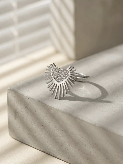 316L Stainless Steel Hypoallergenic Rings with 5A Zircon Heart Wing Open Design - Heart Wing Open Ring Zircon Gold Plated Slim Band Dainty Sensitive Skin Friendly - Detail 8