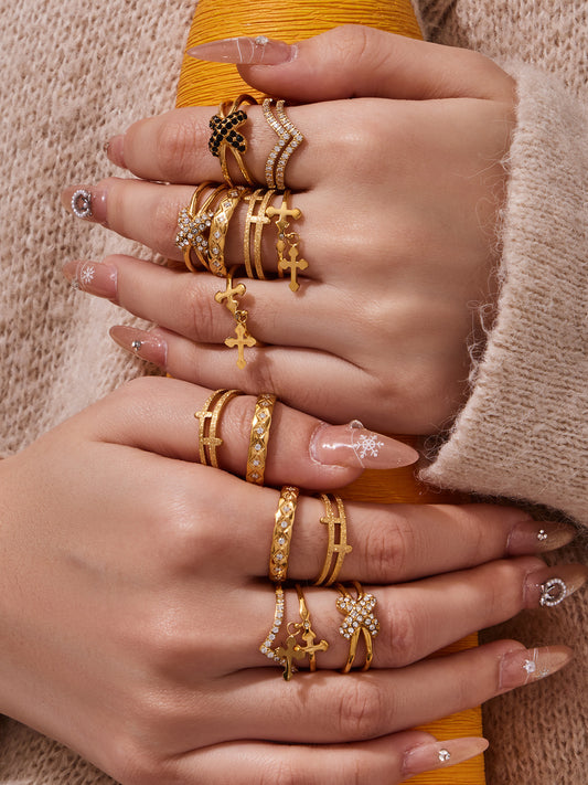 316L Stainless Steel Hypoallergenic Rings with Black & White Zircon V-Shape Stackable Design - Black Zircon, White Zircon, V-Shape, Stackable, Minimalist Sensitive Skin Friendly - Detail 5