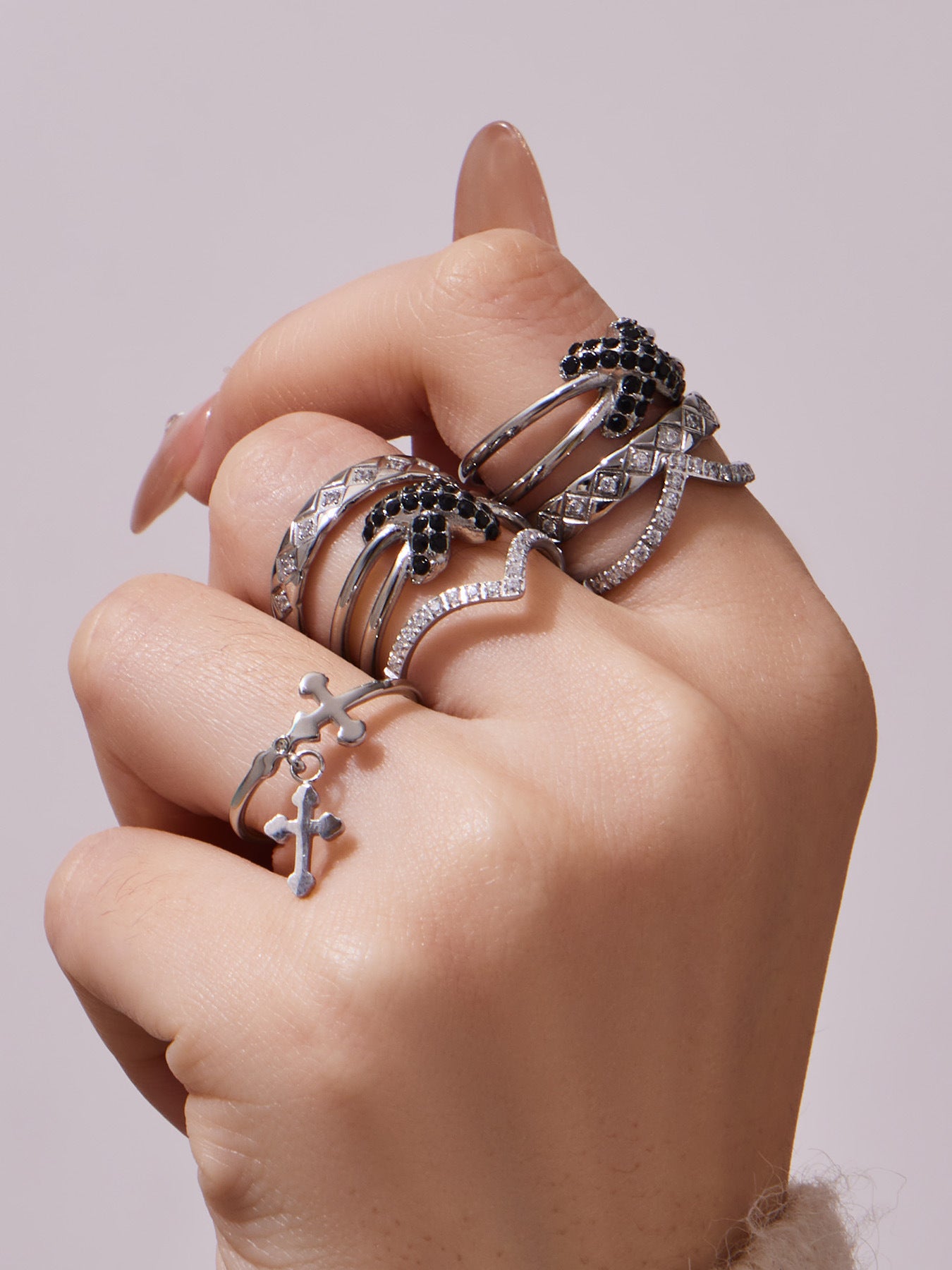 316L Stainless Steel Hypoallergenic Rings with Black & White Zircon V-Shape Stackable Design - Black Zircon, White Zircon, V-Shape, Stackable, Minimalist Sensitive Skin Friendly - Detail 7