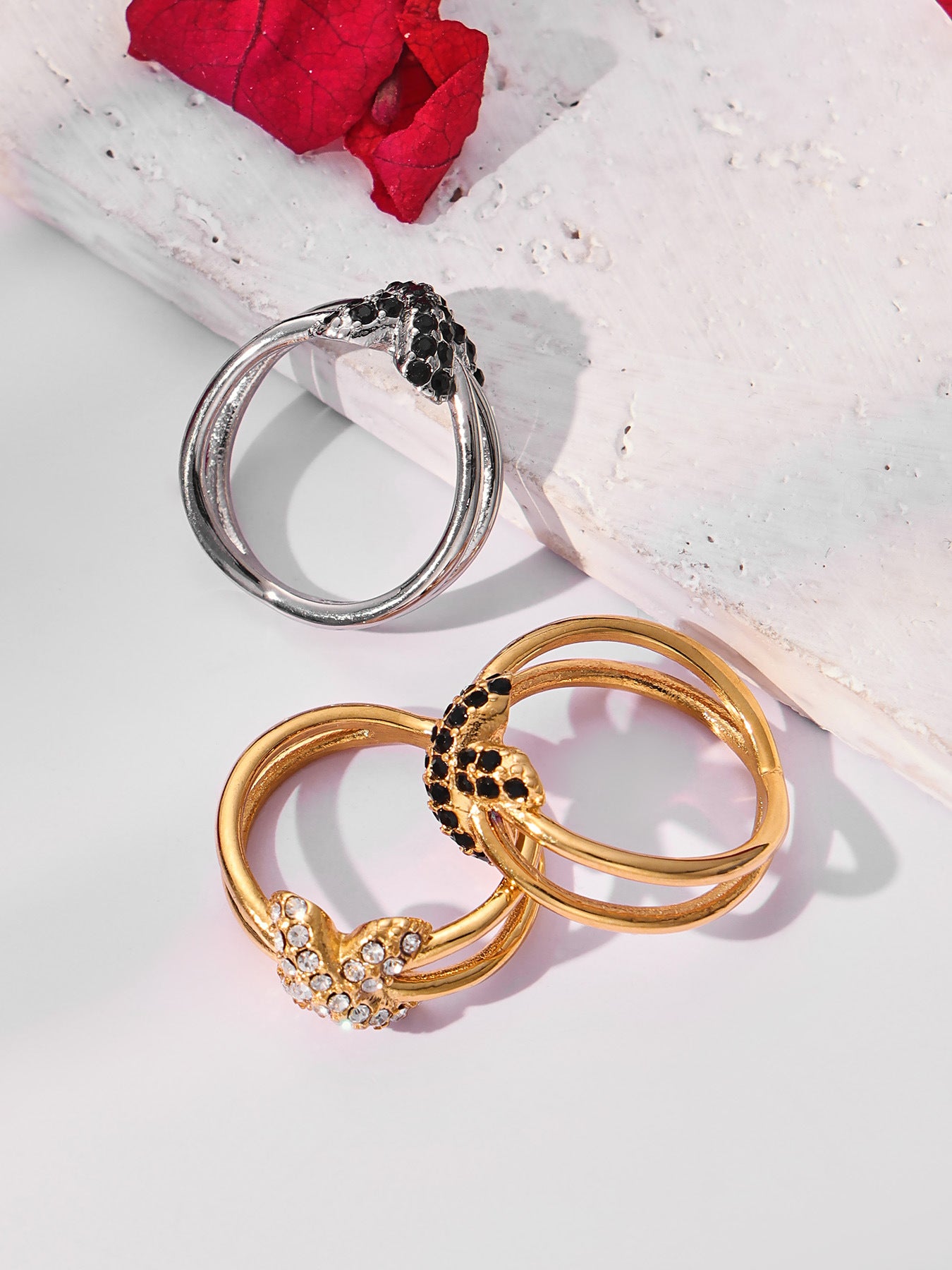 316L Stainless Steel Hypoallergenic Rings with Black & White Zircon V-Shape Stackable Design - Black Zircon, White Zircon, V-Shape, Stackable, Minimalist Sensitive Skin Friendly - Detail 8