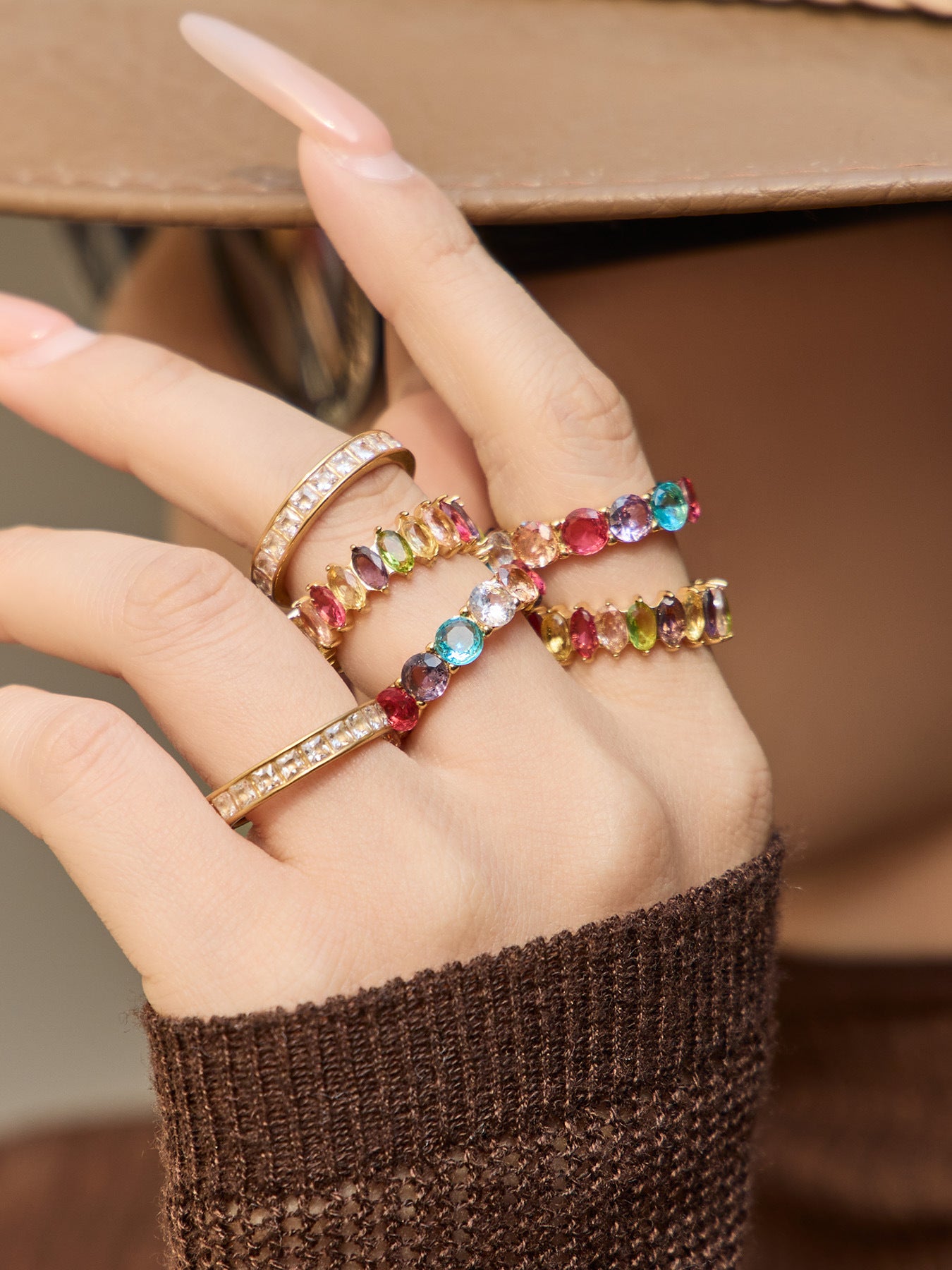 316L stainless steel Hypoallergenic Rings with Colorful 5A Zircon & 18K Gold Plating close-up detail view for wholesale ring buyers