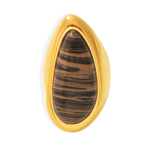 316L Stainless Steel Hypoallergenic Rings with Natural Wood Grain Teardrop Stone, 18K Gold Plated - Natural Wood Grain Teardrop Ring 18K Gold Plated Light Luxury Sensitive Skin Friendly - Detail 3