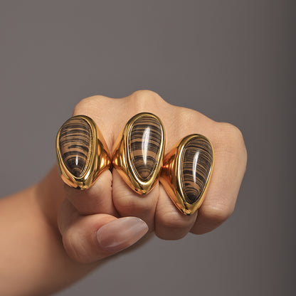 316L Stainless Steel Hypoallergenic Rings with Natural Wood Grain Teardrop Stone, 18K Gold Plated - Natural Wood Grain Teardrop Ring 18K Gold Plated Light Luxury Sensitive Skin Friendly - Detail 5