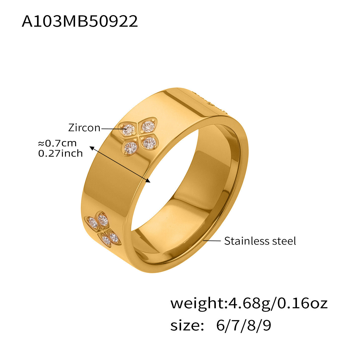 316L Stainless Steel Hypoallergenic Rings with Prong-Set 7mm Floral Zircon and 18K Gold PVD Plating - Floral Zircon Ring, Prong Set, Minimalist, 18K Gold Plated Sensitive Skin Friendly - Detail 13