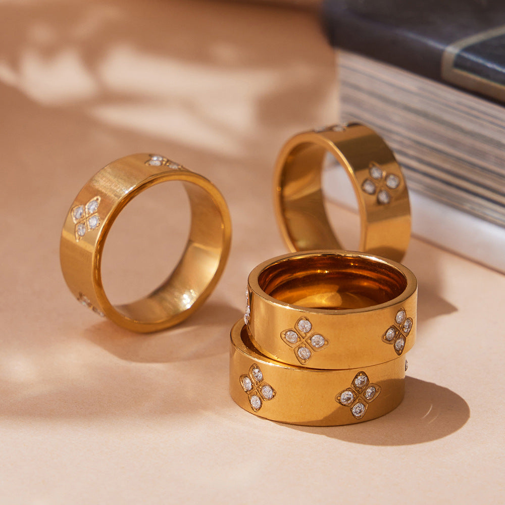 316L Stainless Steel Hypoallergenic Rings with Prong-Set 7mm Floral Zircon and 18K Gold PVD Plating - Floral Zircon Ring, Prong Set, Minimalist, 18K Gold Plated Sensitive Skin Friendly - Detail 6