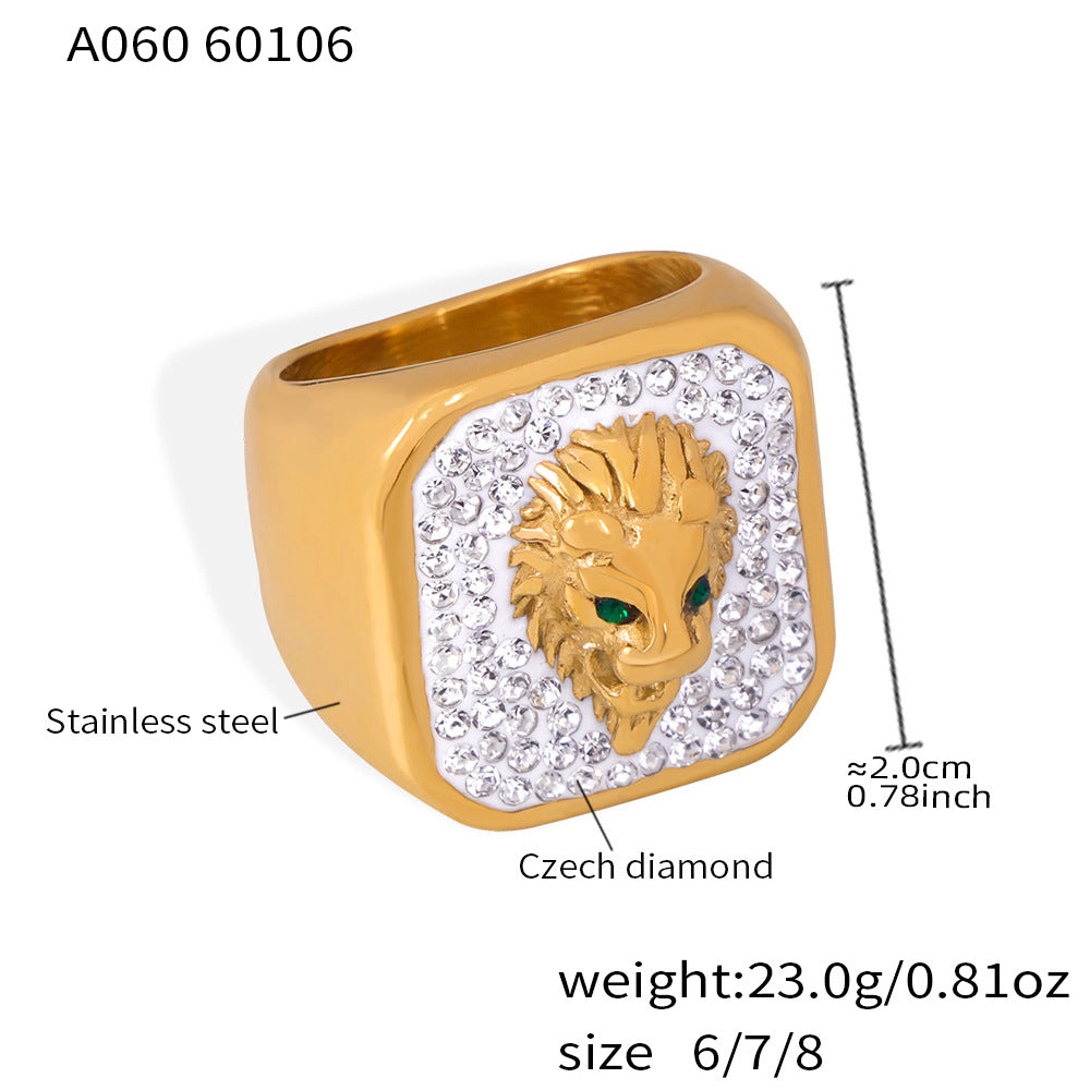 316L Stainless Steel Iced Out Lion Head Square Signet Ring, 18K Gold Plated Unisex Hip Hop Ring - Image 1