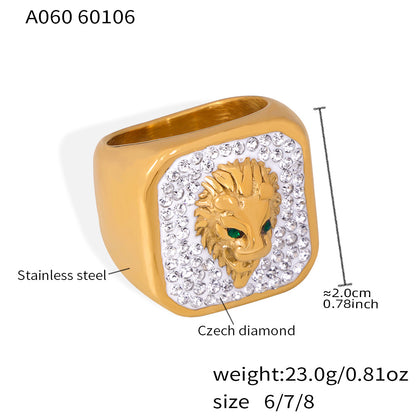 316L Stainless Steel Iced Out Lion Head Square Signet Ring, 18K Gold Plated Unisex Hip Hop Ring - Image 1