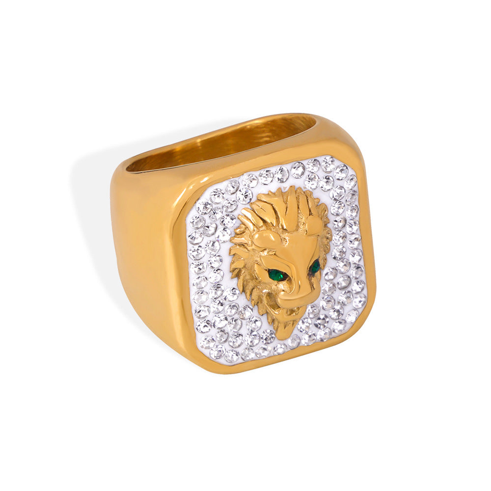 316L Stainless Steel Iced Out Lion Head Square Signet Ring, 18K Gold Plated Unisex Hip Hop Ring - Image 2