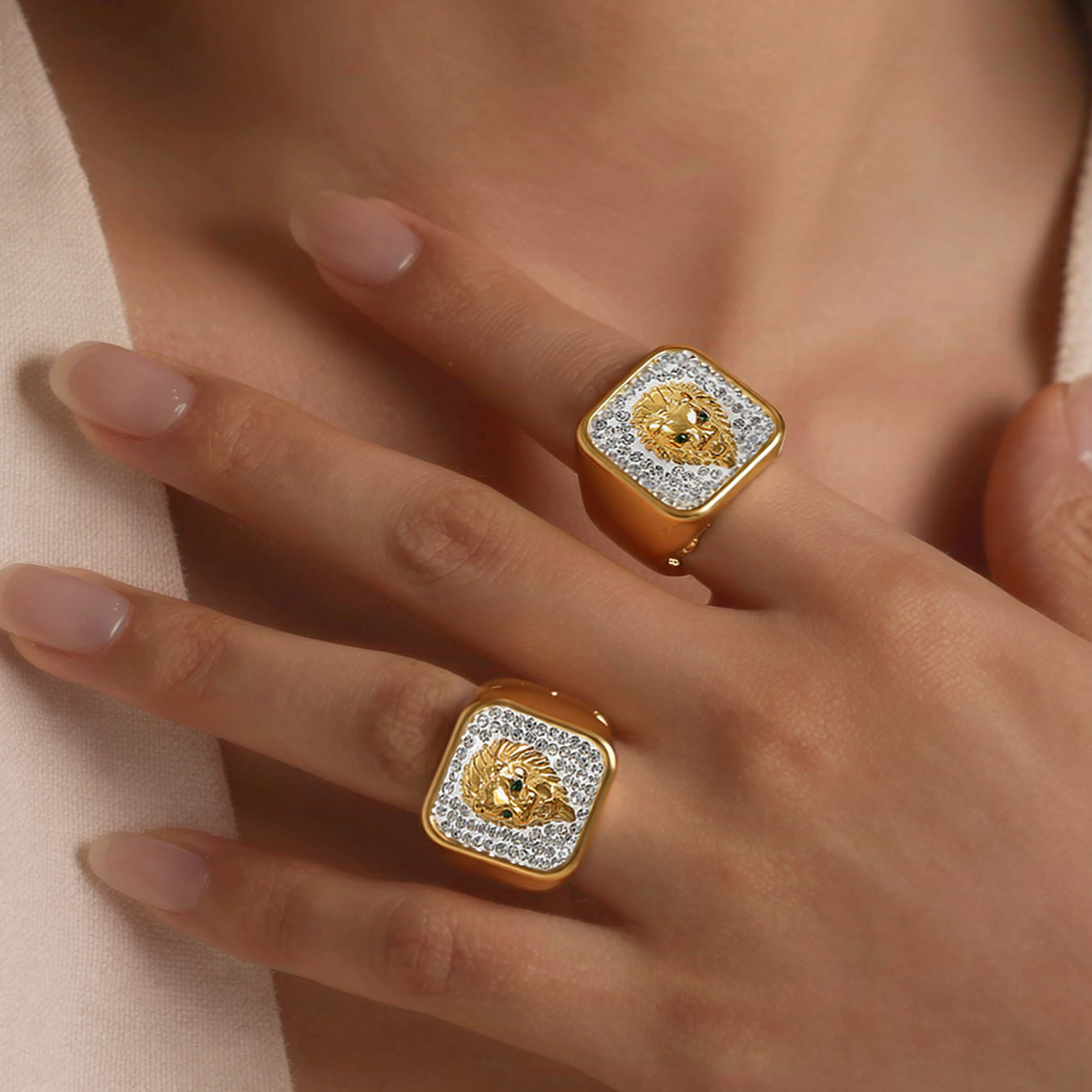 316L Stainless Steel Iced Out Lion Head Square Signet Ring, 18K Gold Plated Unisex Hip Hop Ring - Image 3