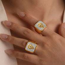 316L Stainless Steel Iced Out Lion Head Square Signet Ring, 18K Gold Plated Unisex Hip Hop Ring - Image 3