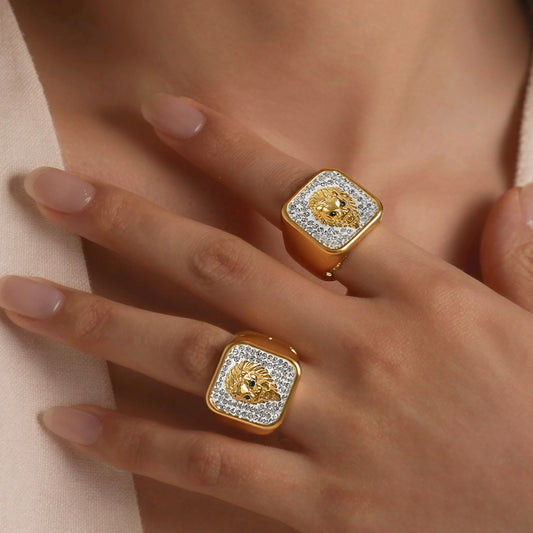 316L Stainless Steel Iced Out Lion Head Square Signet Ring, 18K Gold Plated Unisex Hip Hop Ring - Image 3