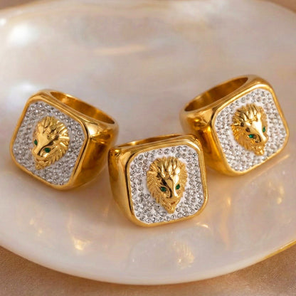 316L Stainless Steel Iced Out Lion Head Square Signet Ring, 18K Gold Plated Unisex Hip Hop Ring - Image 5