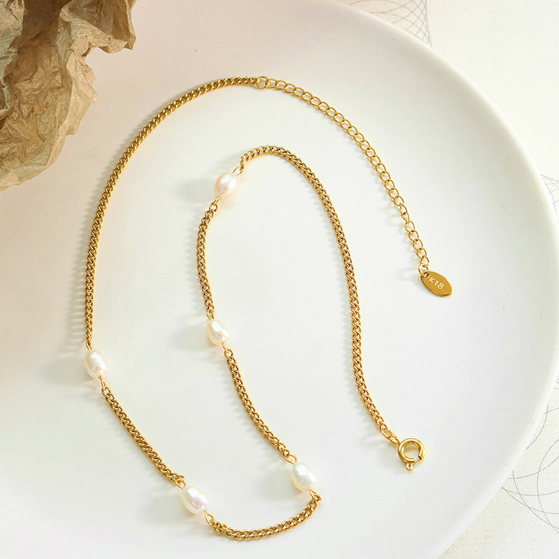 316L Stainless Steel Individual Flat Chain Freshwater Pearl Spliced Necklace - Image 3