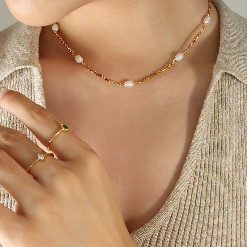 316L Stainless Steel Individual Flat Chain Freshwater Pearl Spliced Necklace - Image 4