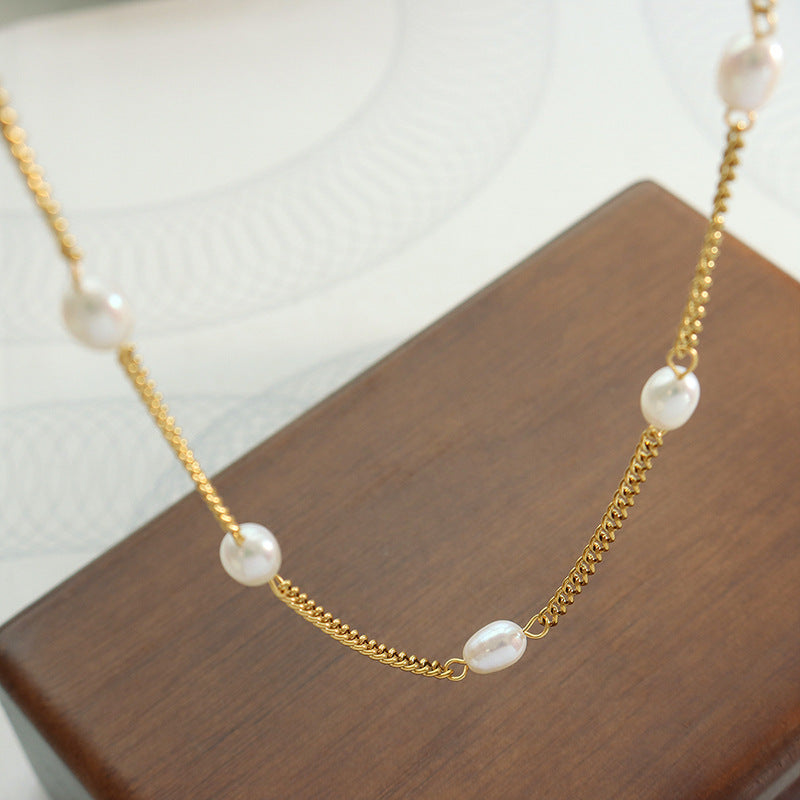 316L Stainless Steel Individual Flat Chain Freshwater Pearl Spliced Necklace - Image 5
