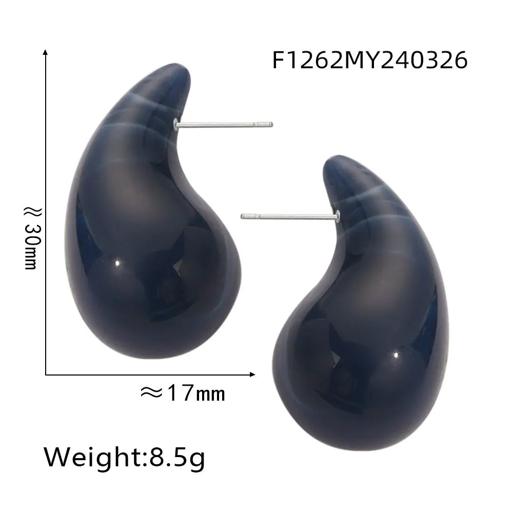 Ink blue resin teardrop stud earrings with 316L stainless steel posts, lightweight waterproof fashion earrings
