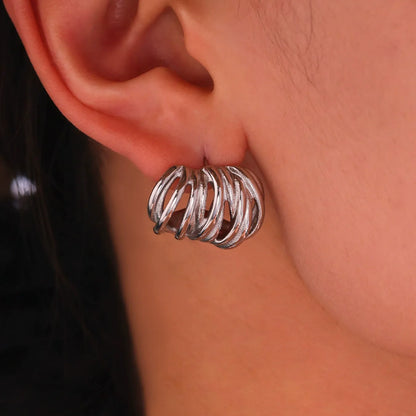316L Stainless Steel Interlocking Line C-Hoop Earrings - Image 3