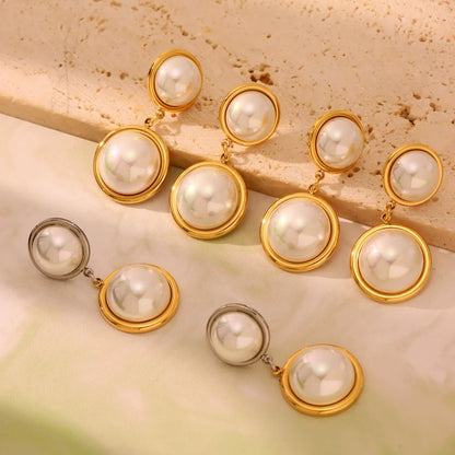 316L Stainless Steel Iridescent Shell Pearl Dangle Earrings - Image 2