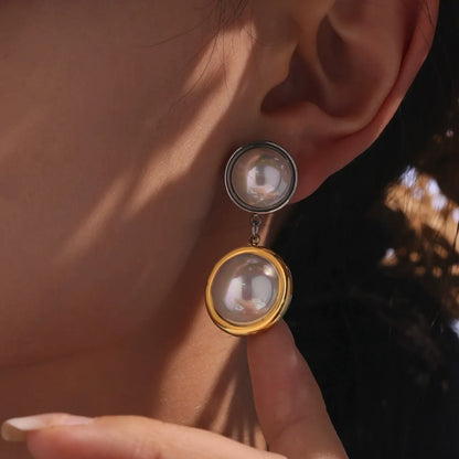 316L Stainless Steel Iridescent Shell Pearl Dangle Earrings - Image 3